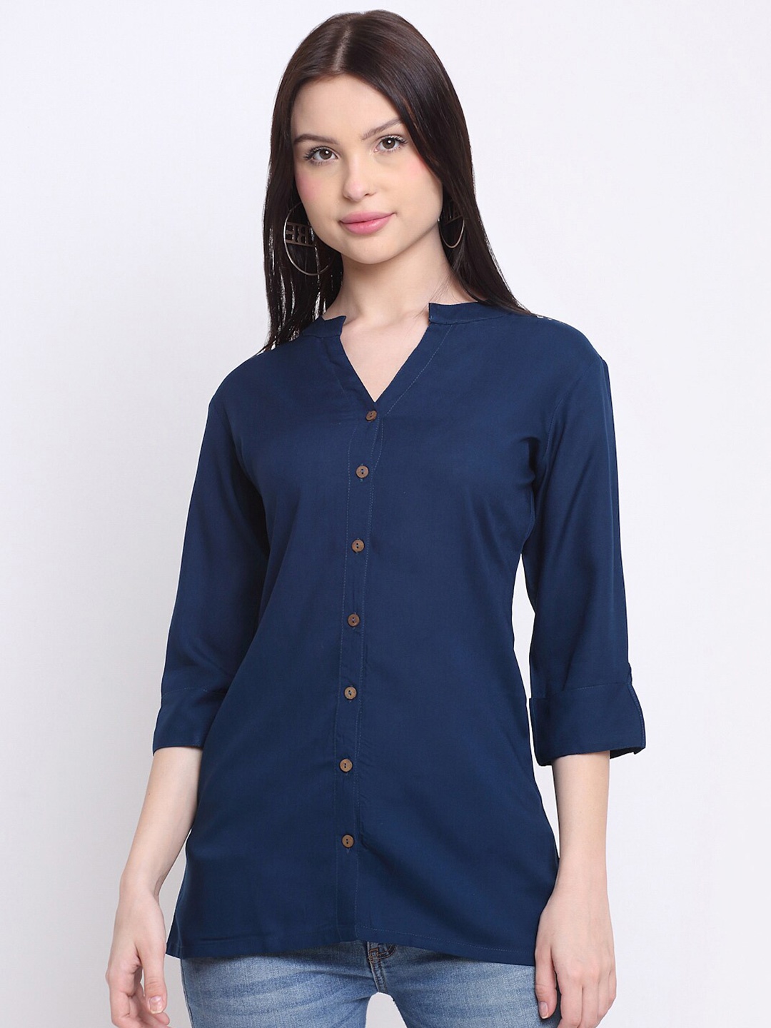 

DORIYA Women Mandarin Collar Kurti, Navy blue