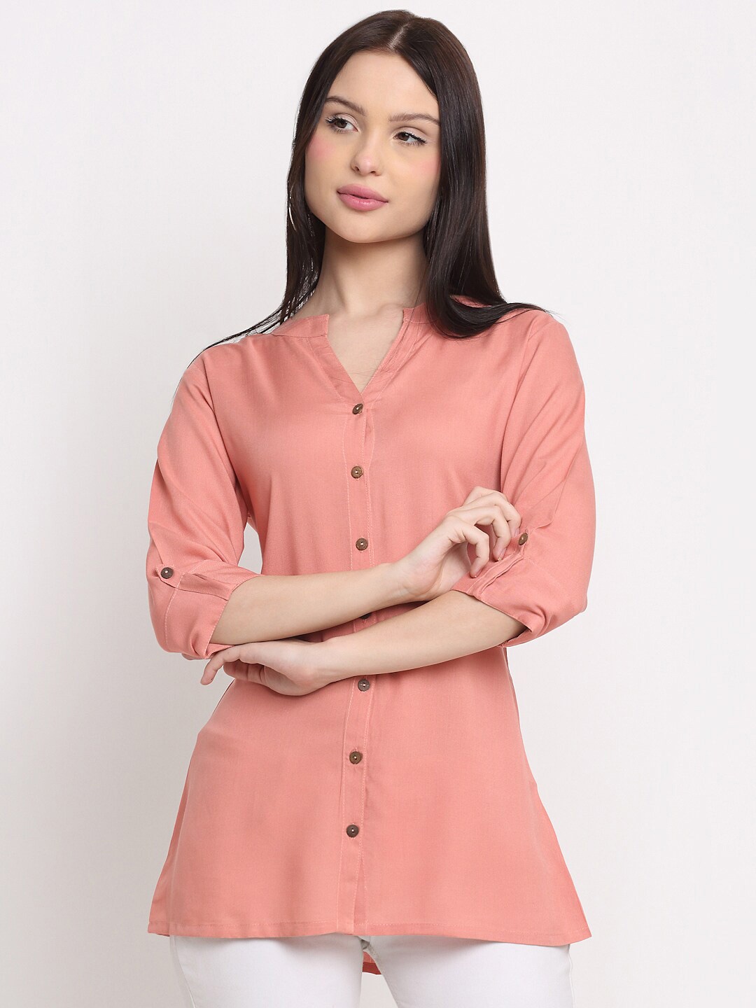 

DORIYA Women Mandarin Collar Kurti, Pink