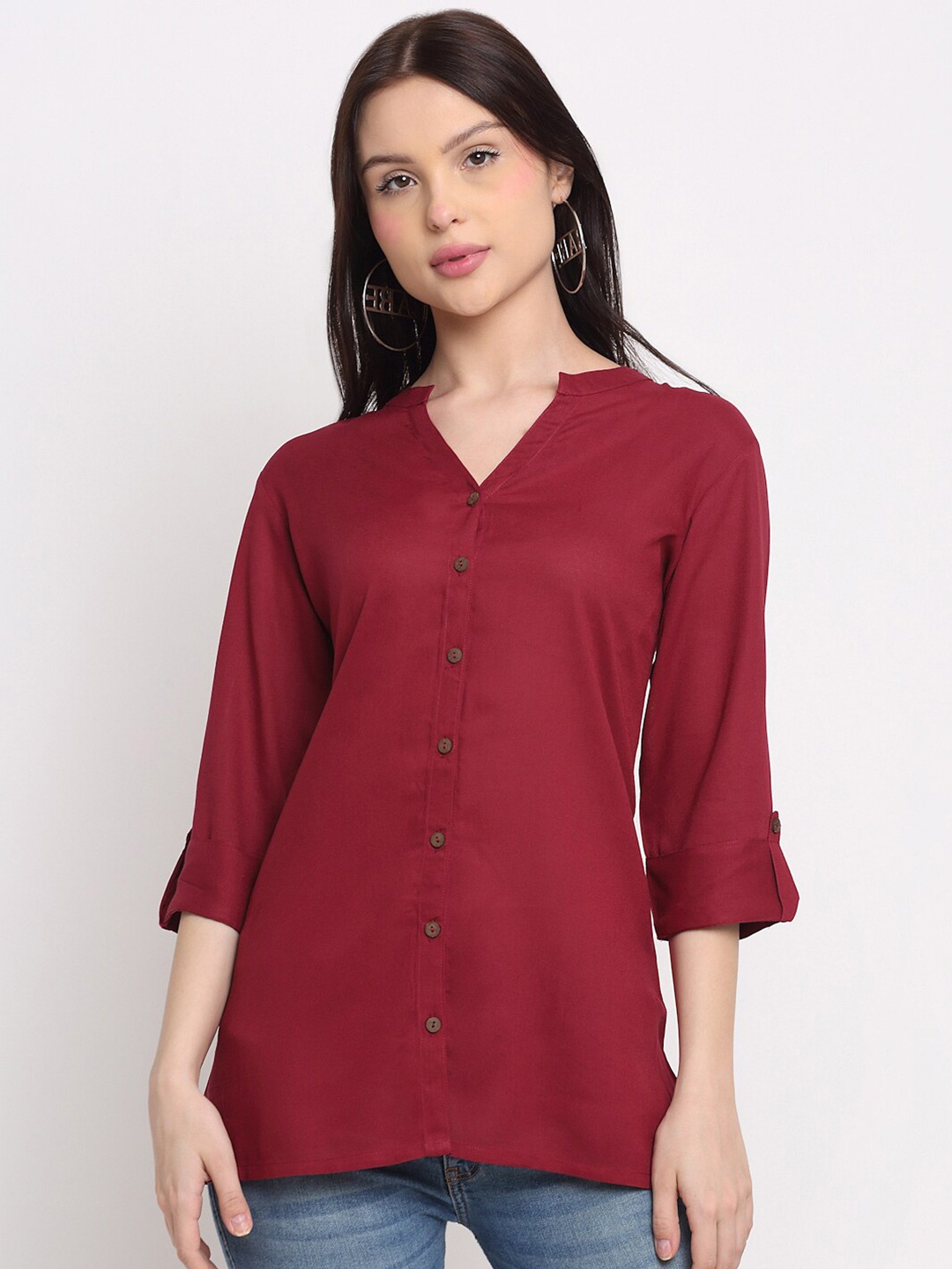 

DORIYA Roll up Sleeve Kurti, Maroon