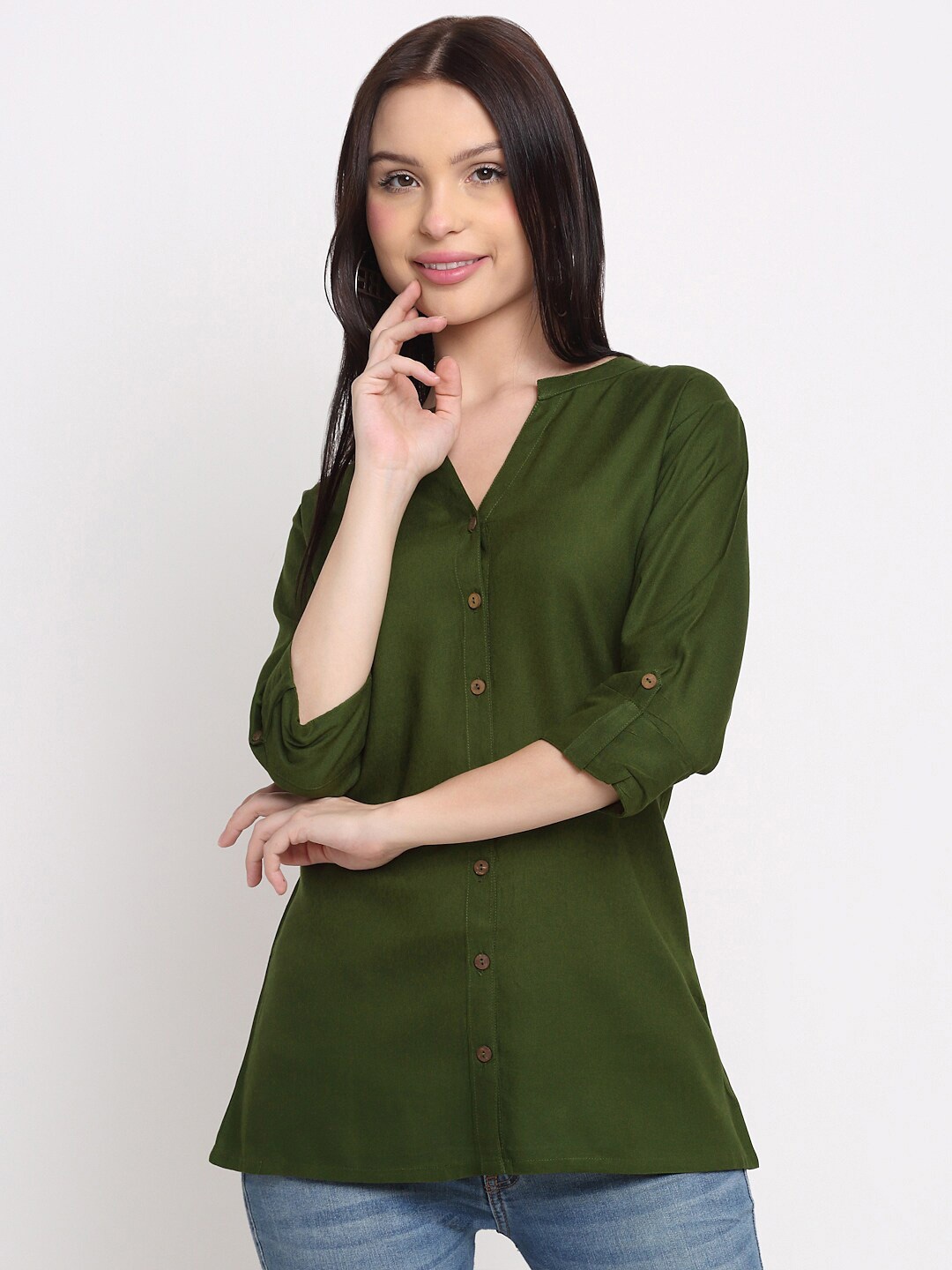 

DORIYA Mandarin Collar Roll-Up Sleeves Kurti, Green
