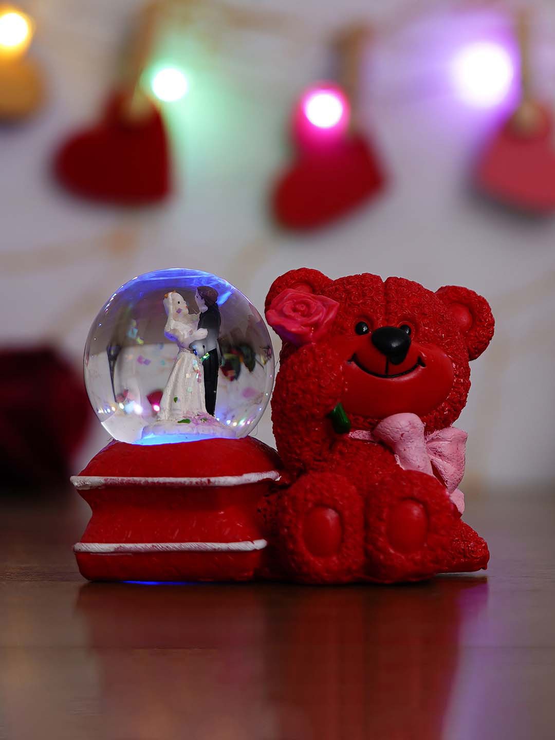 

eCraftIndia Red Teddy Bear & Couple Snow Globe with Light Showpiece