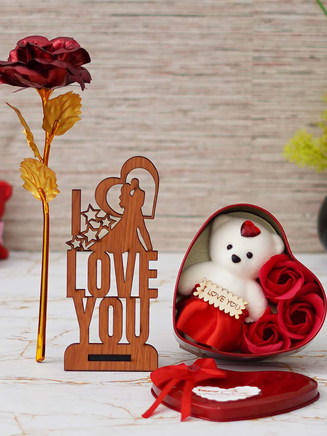 

eCraftIndia Golden Red Rose Love You Showpiece Heart Box & Teddy Set