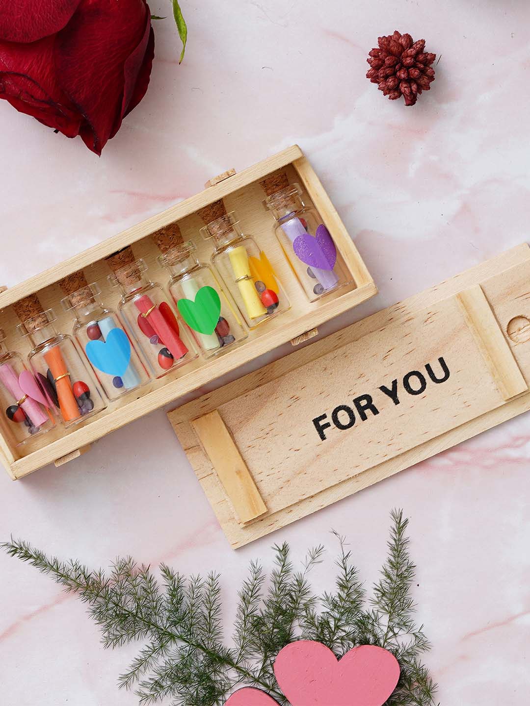 

eCraftIndia Wooden For You Box with 7 Message Bottles Brown Valentine's Day Gift Set