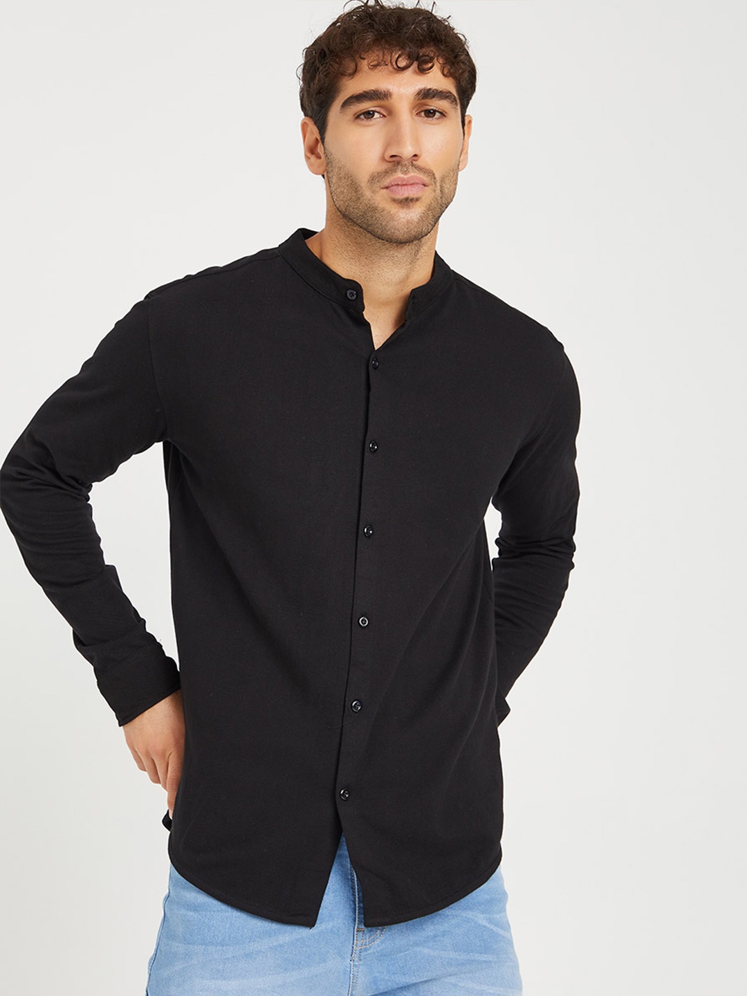 

Styli Solid Grandad Collar Knitted Shirt, Black