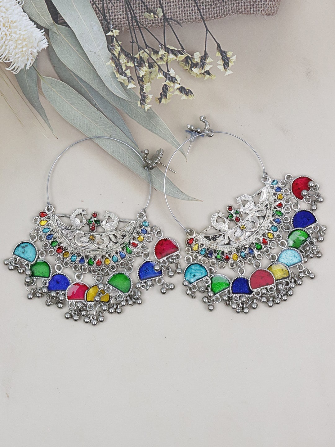 

VAGHBHATT Peacock Shaped Hoop Earrings, Blue