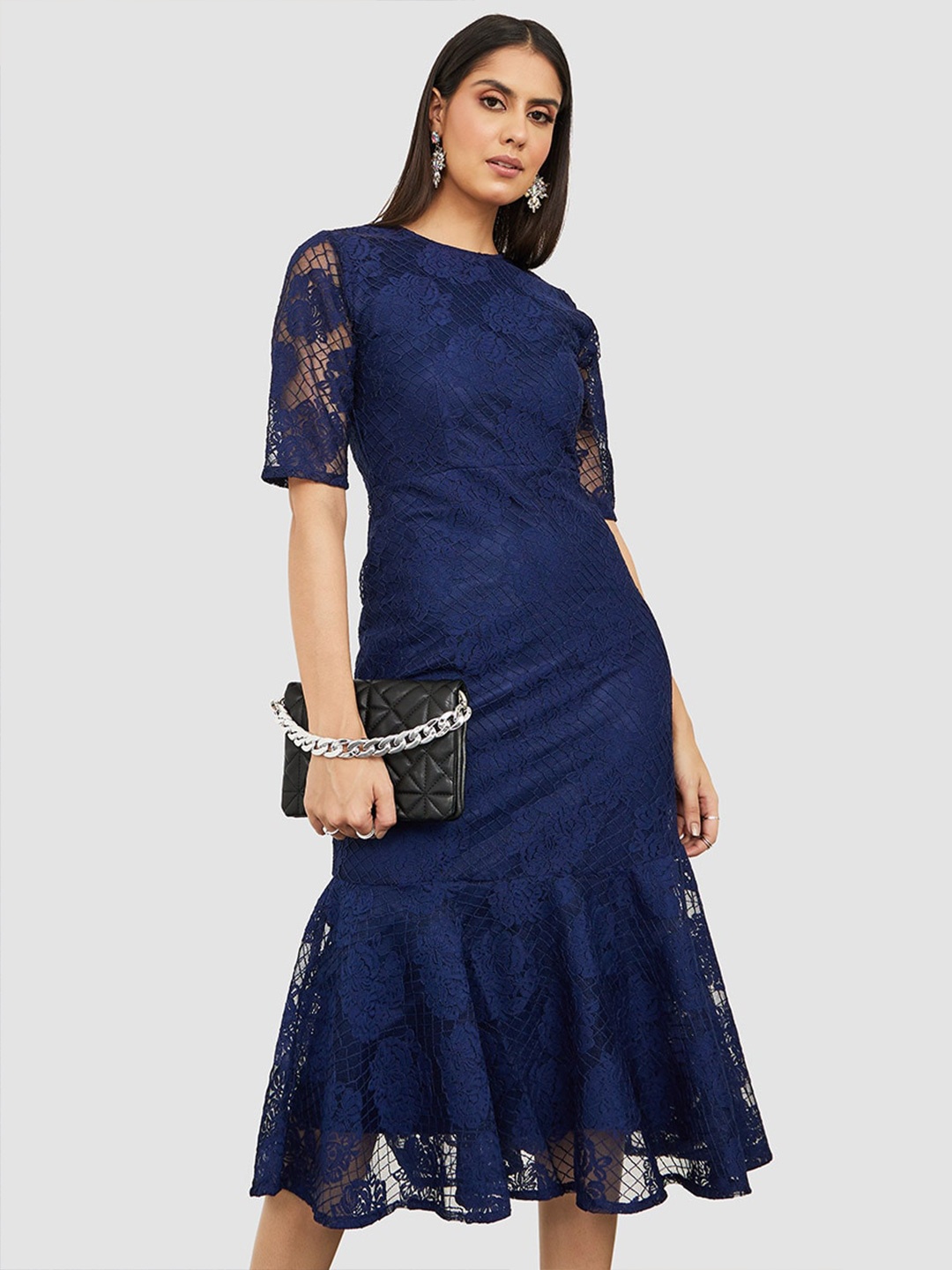 

Styli Self Design A-Line Midi Dress, Navy blue