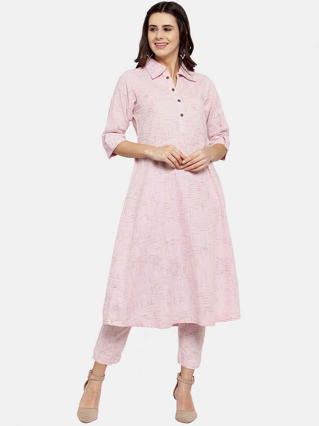 

Sayesha Women Woven Design Shirt Collar Kurta with Trousers, Pink