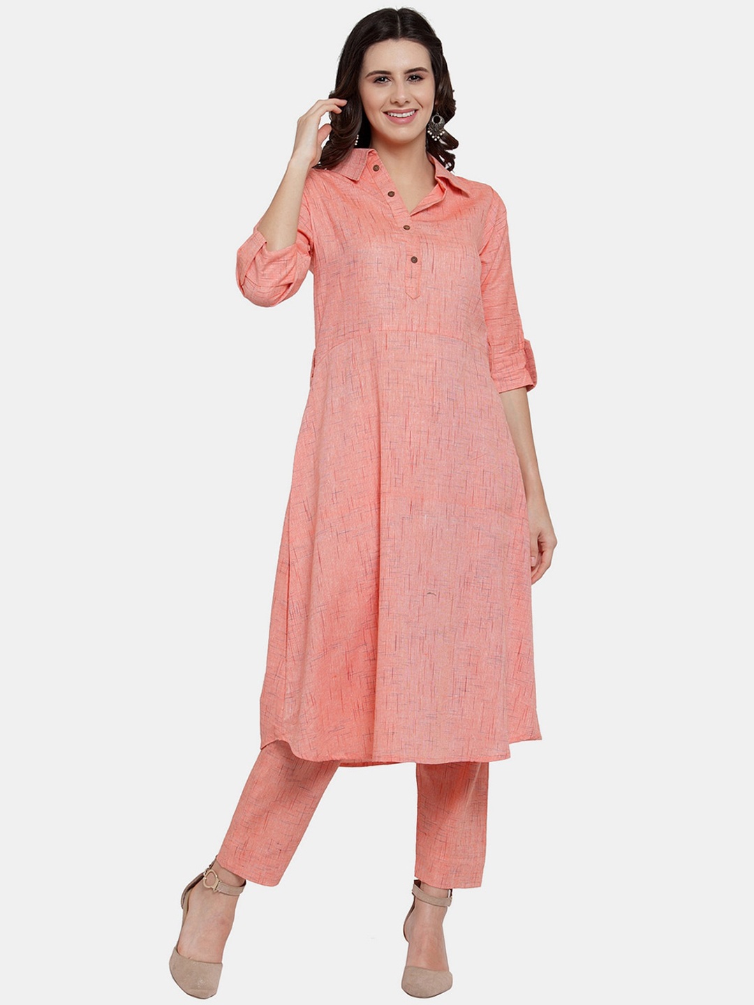 

Sayesha Women Woven Design Pure Cotton A-Line Kurta with Trousers, Peach