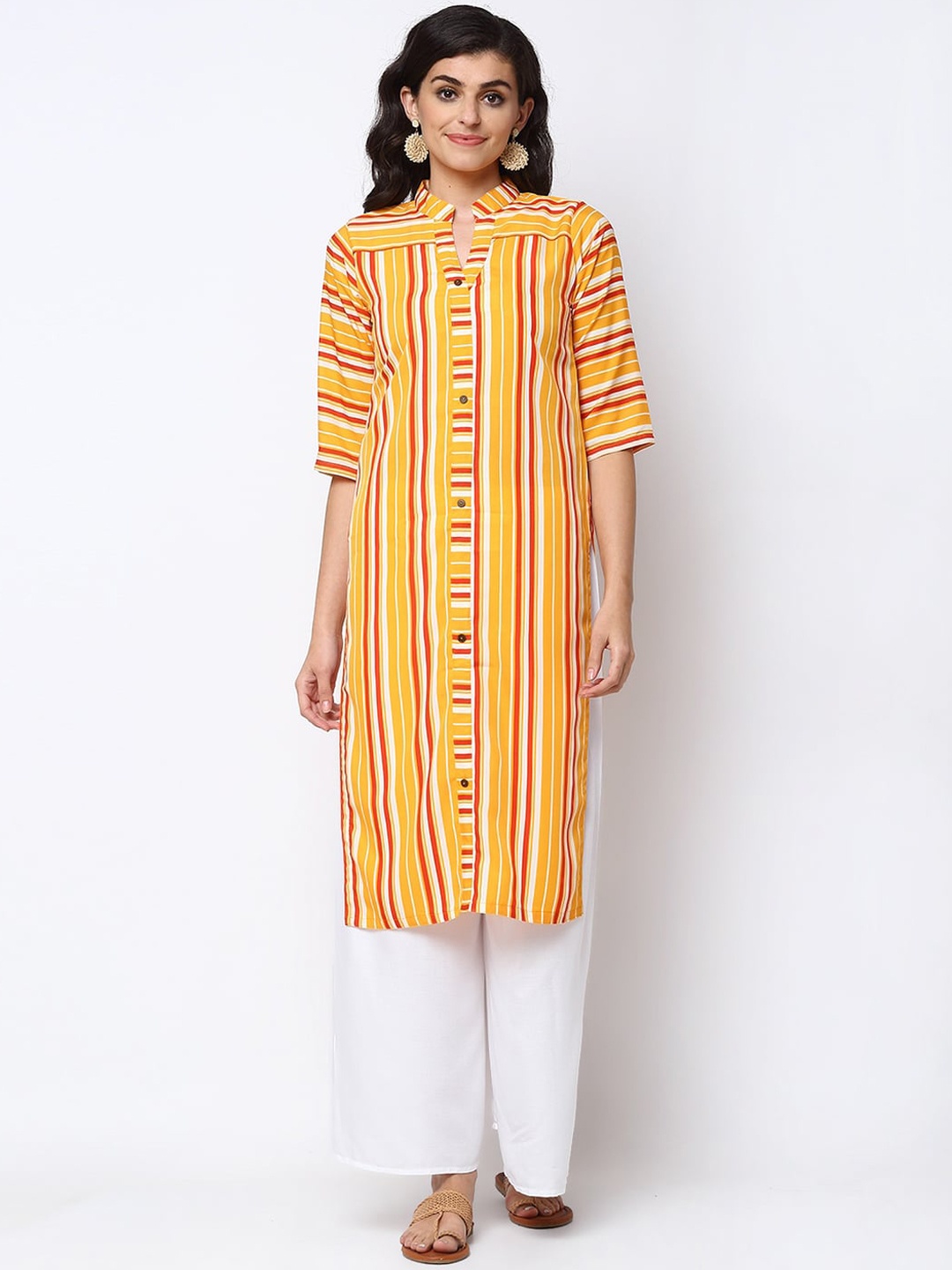 

Sayesha Women Striped Mandarin Collar Kurta with Palazzos, Yellow