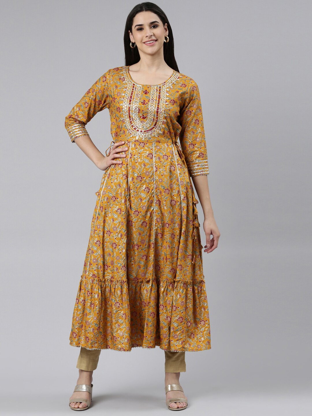 

The Chennai Silks Floral Printed Anarkali Cotton Kurta, Mustard