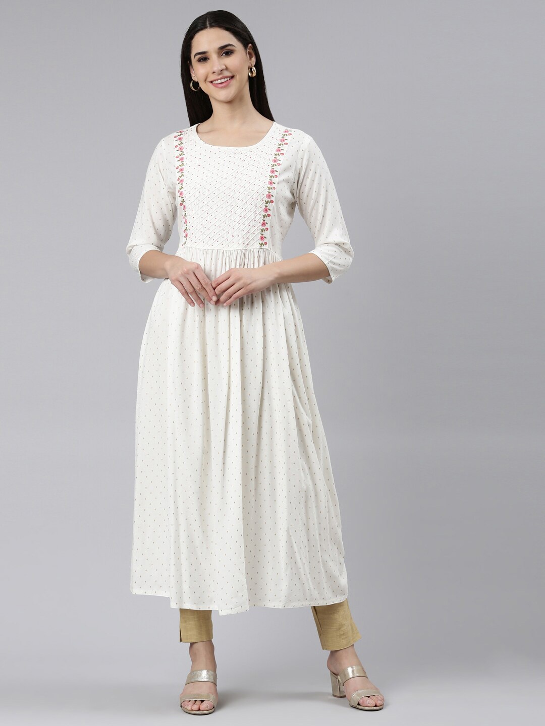 

The Chennai Silks Women Ethnic Motifs Printed Pure Cotton Anarkali Kurta, Off white