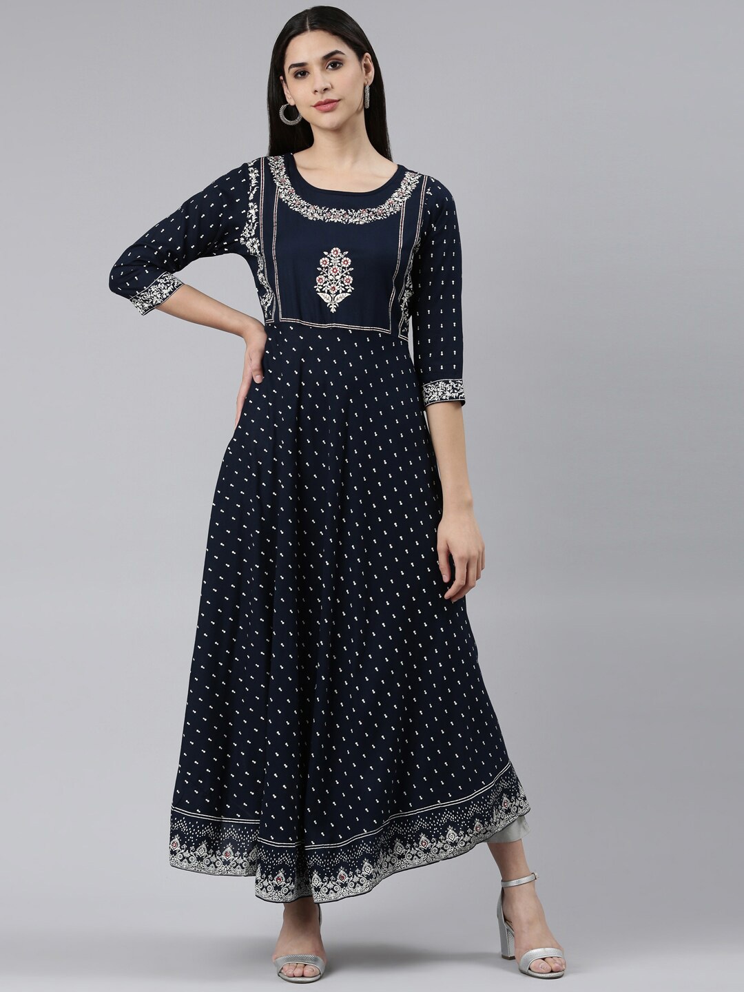 

The Chennai Silks Women Floral Printed Anarkali Pure Cotton Kurta, Navy blue