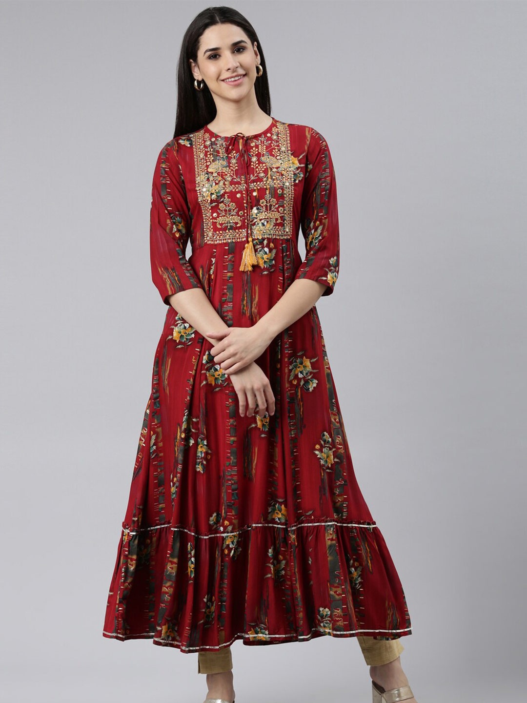 

The Chennai Silks Women Floral Print Sequins Anarkali Kurta, Maroon