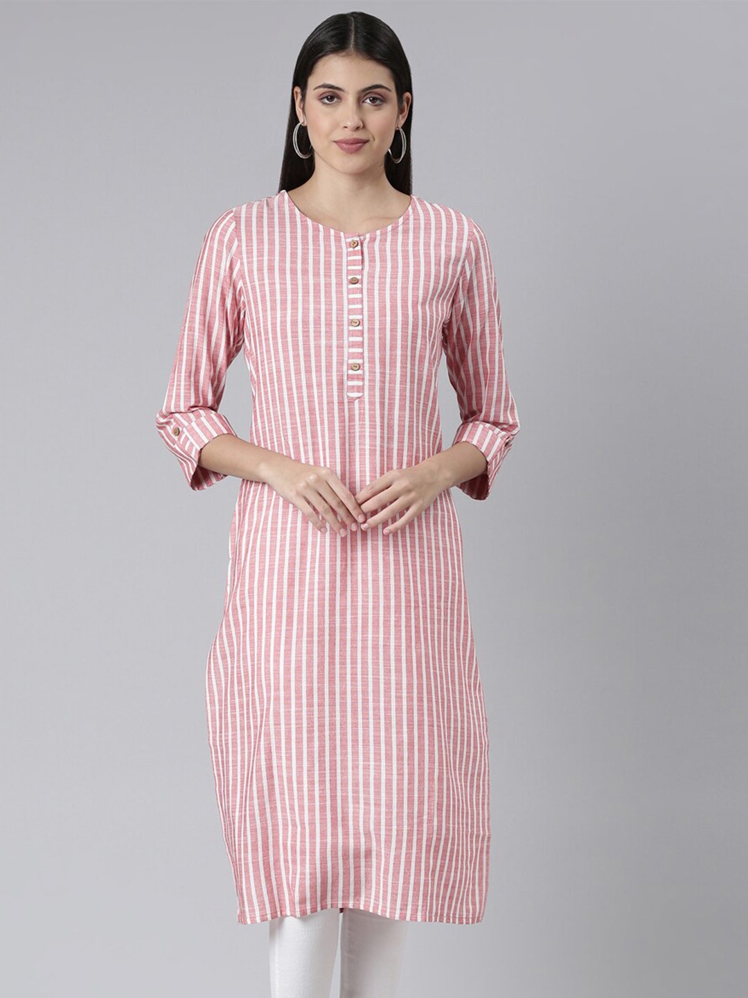 

The Chennai Silks Women Striped Band Collar Roll-Up Sleeves Straight Pure Cotton Kurta, Pink