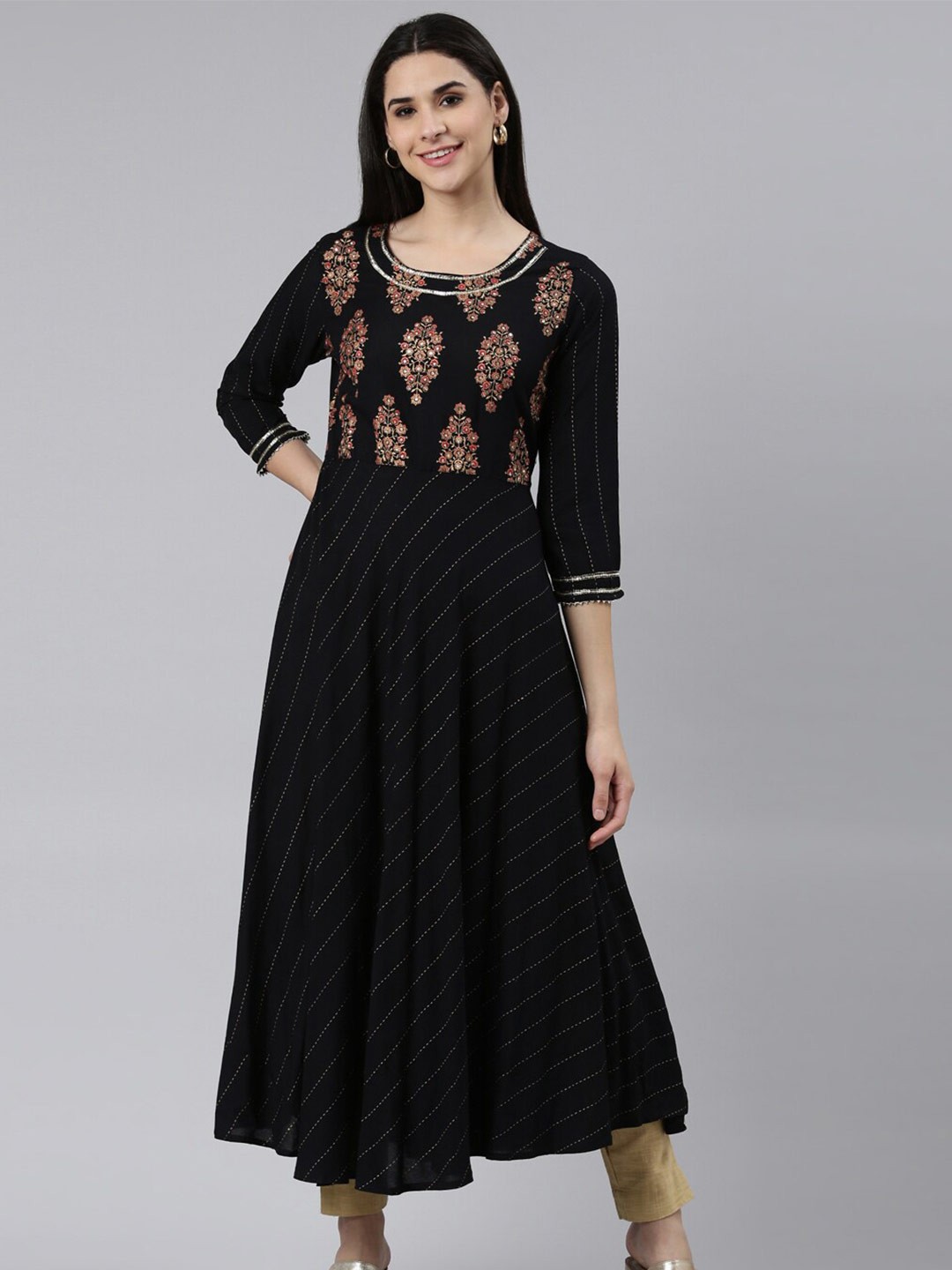 

The Chennai Silks Women Floral Printed Sequined Pure Cotton A-Line Kurta, Black
