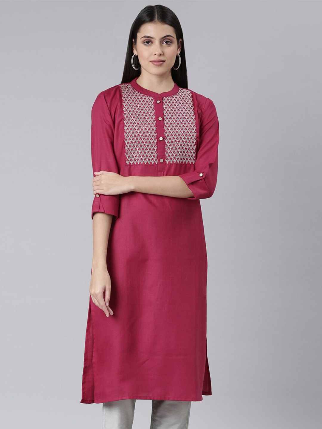 

The Chennai Silks Women Ethnic Motifs Embroidered Band Collar Kurta, Magenta