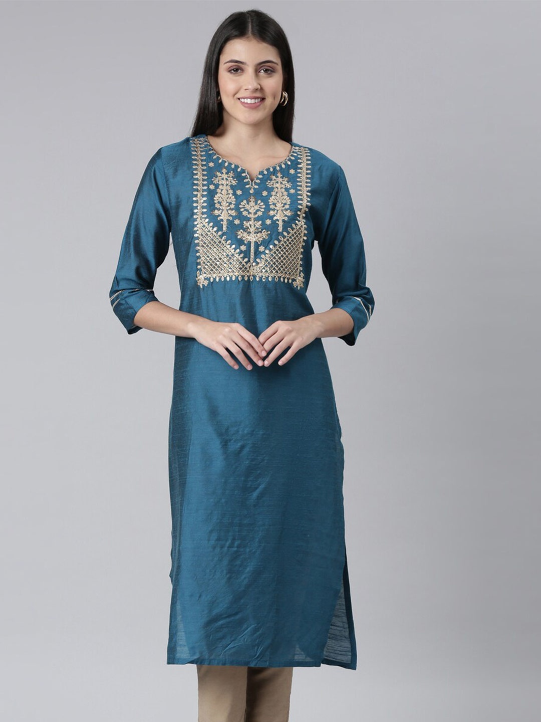 

The Chennai Silks Women Ethnic Motifs Embroidered Sequins Cotton Kurta, Teal