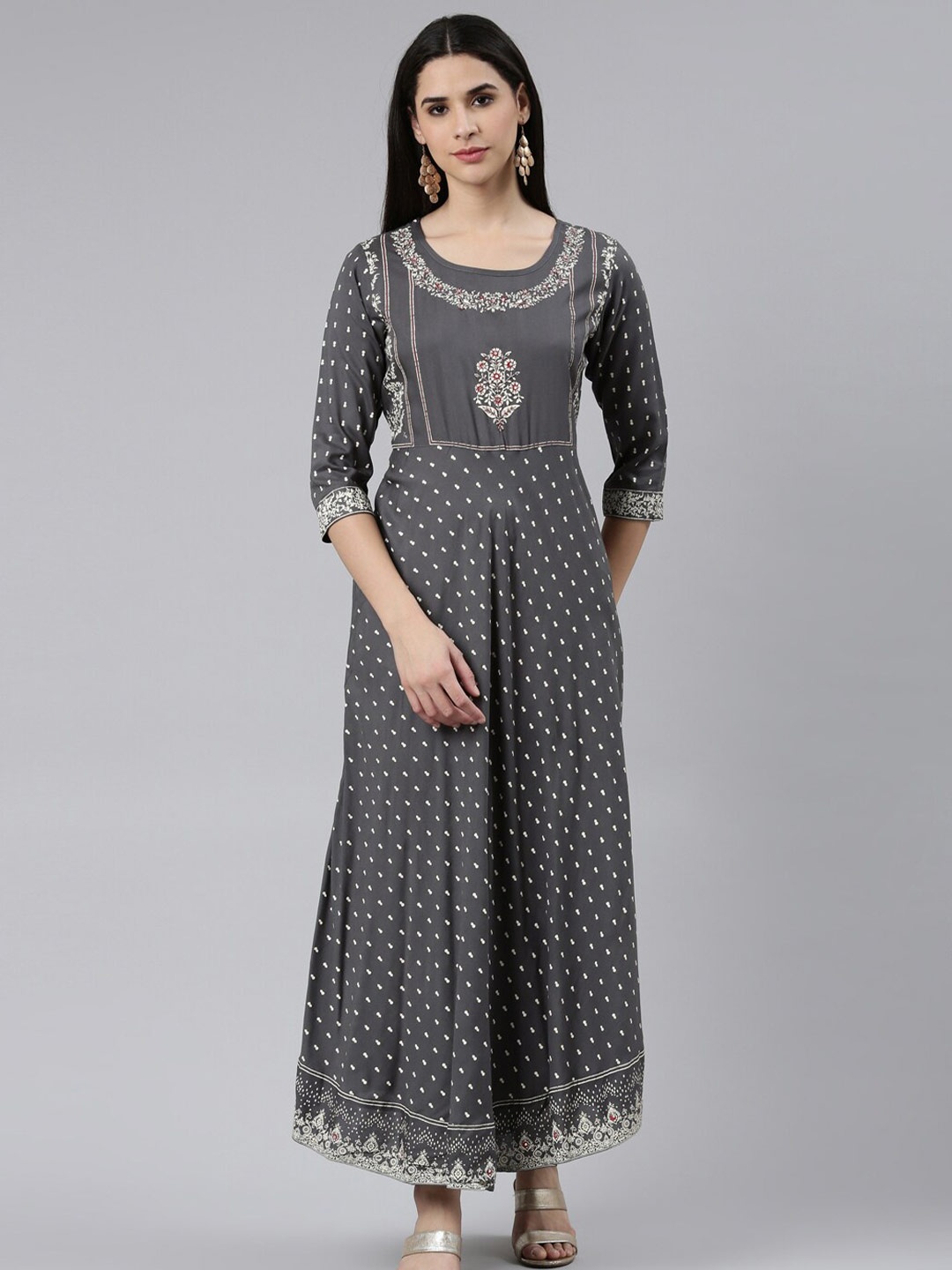 

The Chennai Silks Women Round Neck Ethnic Motifs Printed Cotton Kurta, Grey