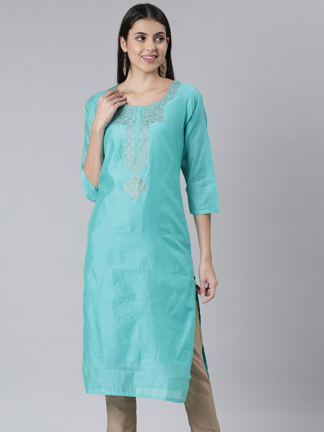 

The Chennai Silks Women Ethnic Motifs Embellished Beads & Stones Kurta, Sea green