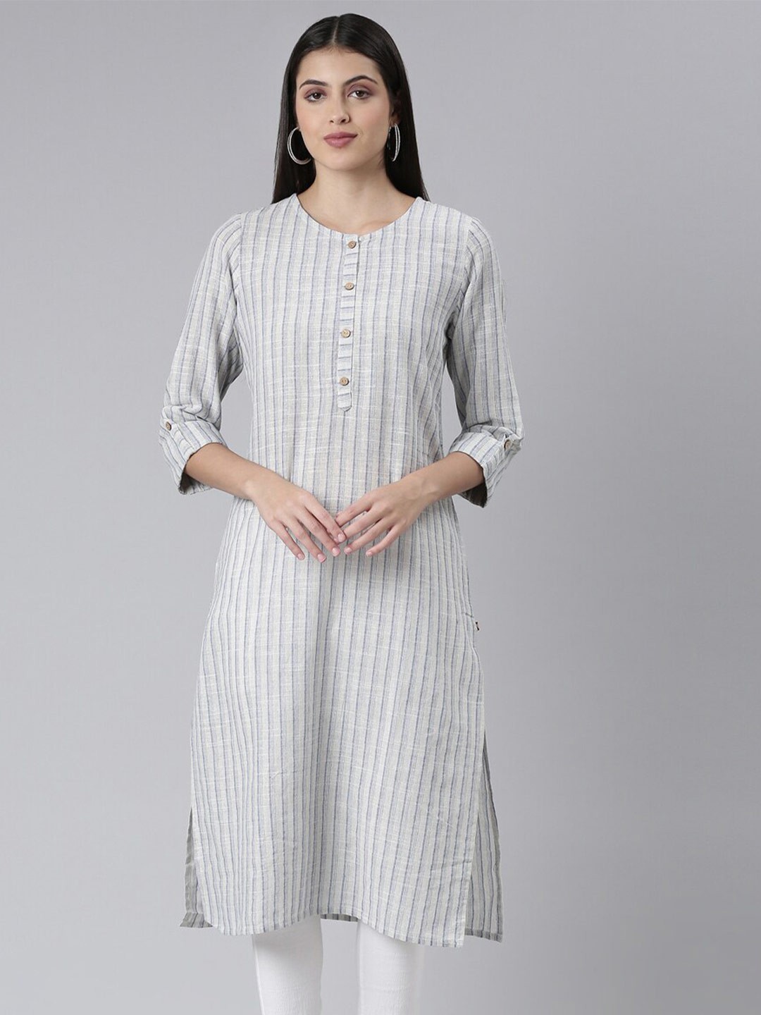

The Chennai Silks Women Vertically Striped Pure Cotton Kurta, Grey