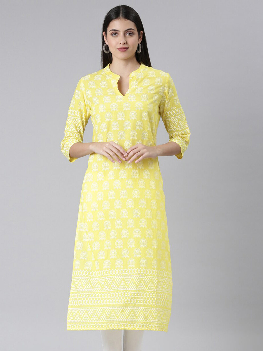 

The Chennai Silks Ethnic Motifs Printed Pure Cotton Straight Kurta, Yellow