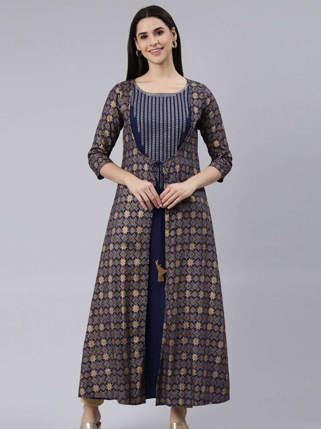 

The Chennai Silks Ethnic Motifs Printed Pure Cotton A-Line Kurta with Printed Jacket, Navy blue