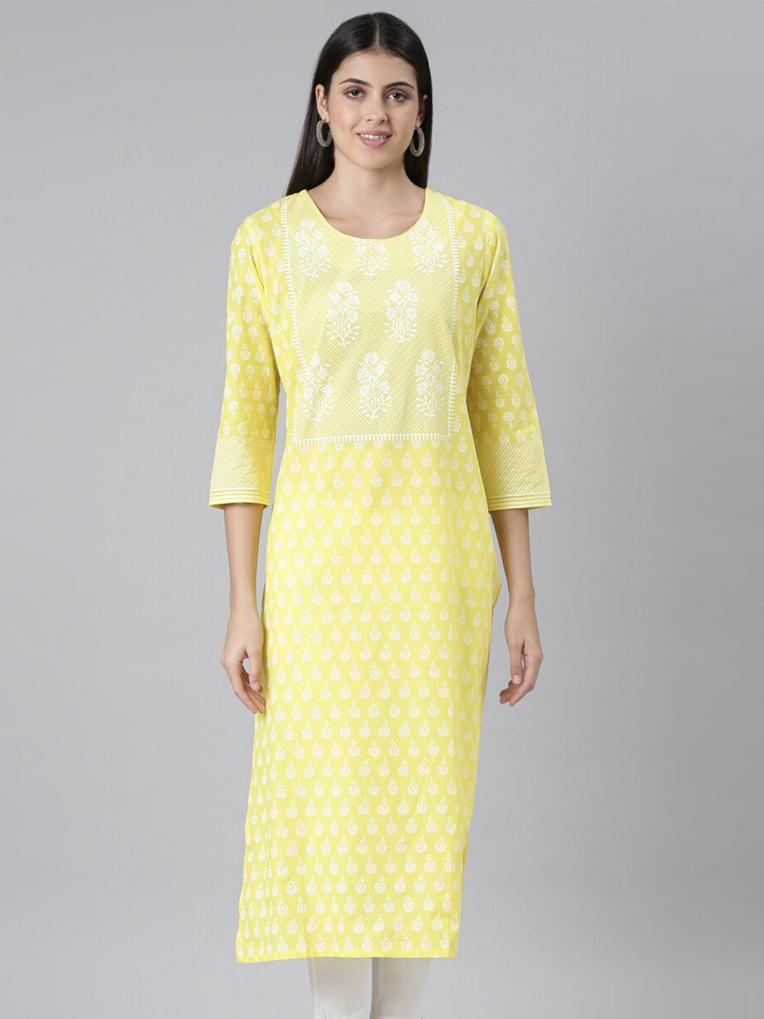 

The Chennai Silks Ethnic Motifs Printed Pure Cotton Straight Kurta, Yellow