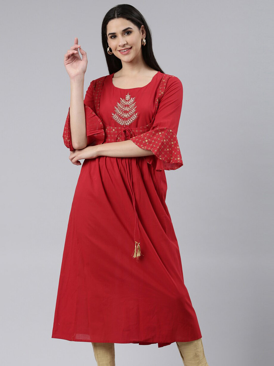 

The Chennai Silks Women Ethnic Motifs Print Bell Sleeves Thread Work Anarkali Kurta, Red