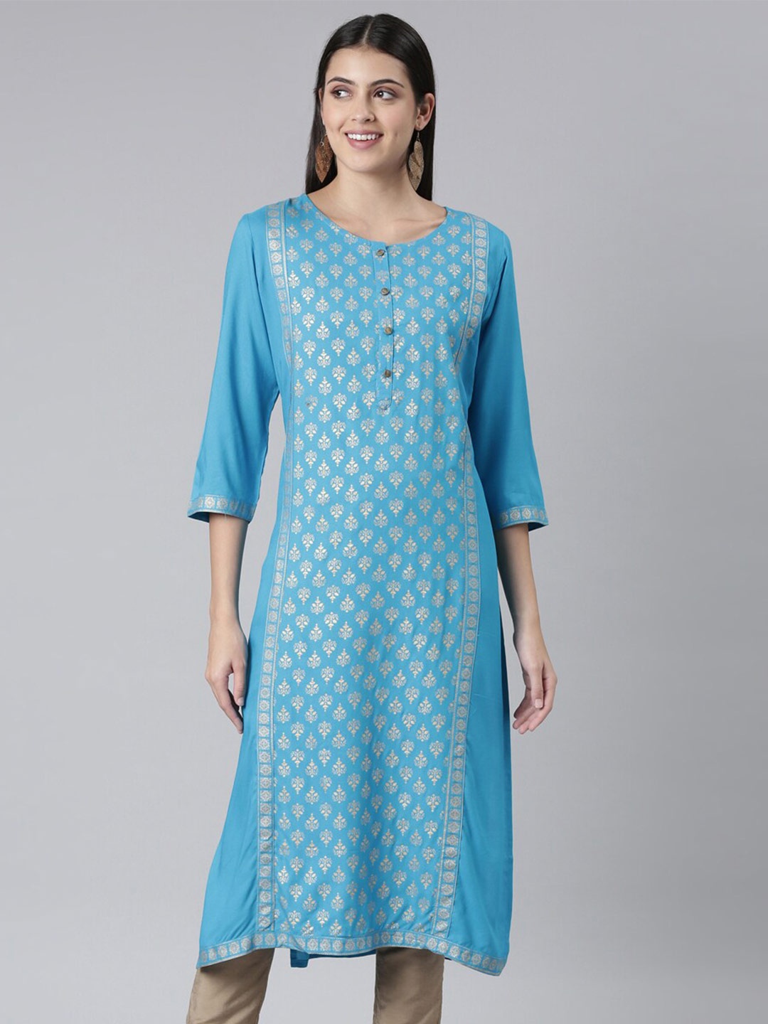 

The Chennai Silks Women Ethnic Motifs Foil Printed Straight Kurta, Blue