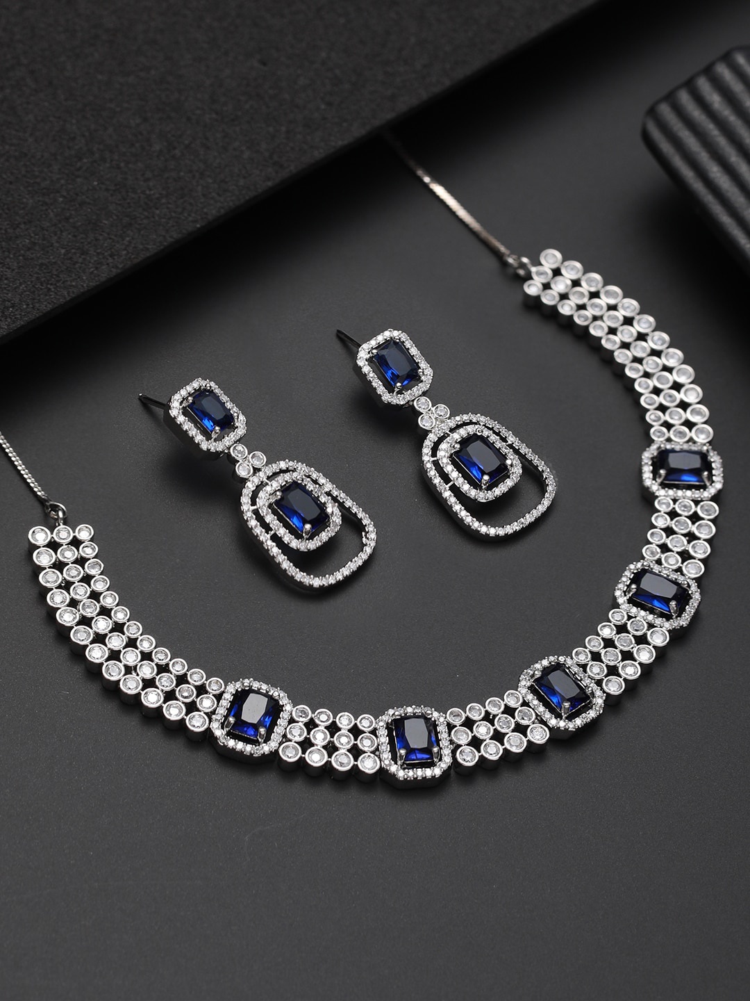 

Jazz and Sizzle Silver-Plated American Diamond Studded Jewellery Set, Blue