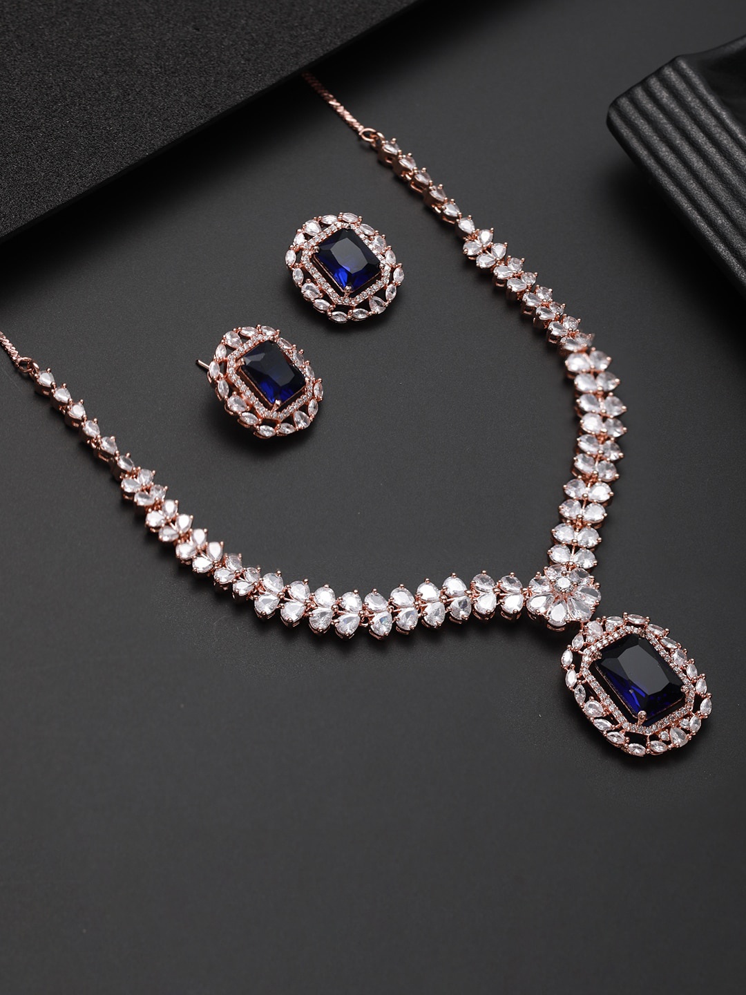 

Jazz and Sizzle Rose Gold-Plated American Diamond Studded Jewellery Set, Blue