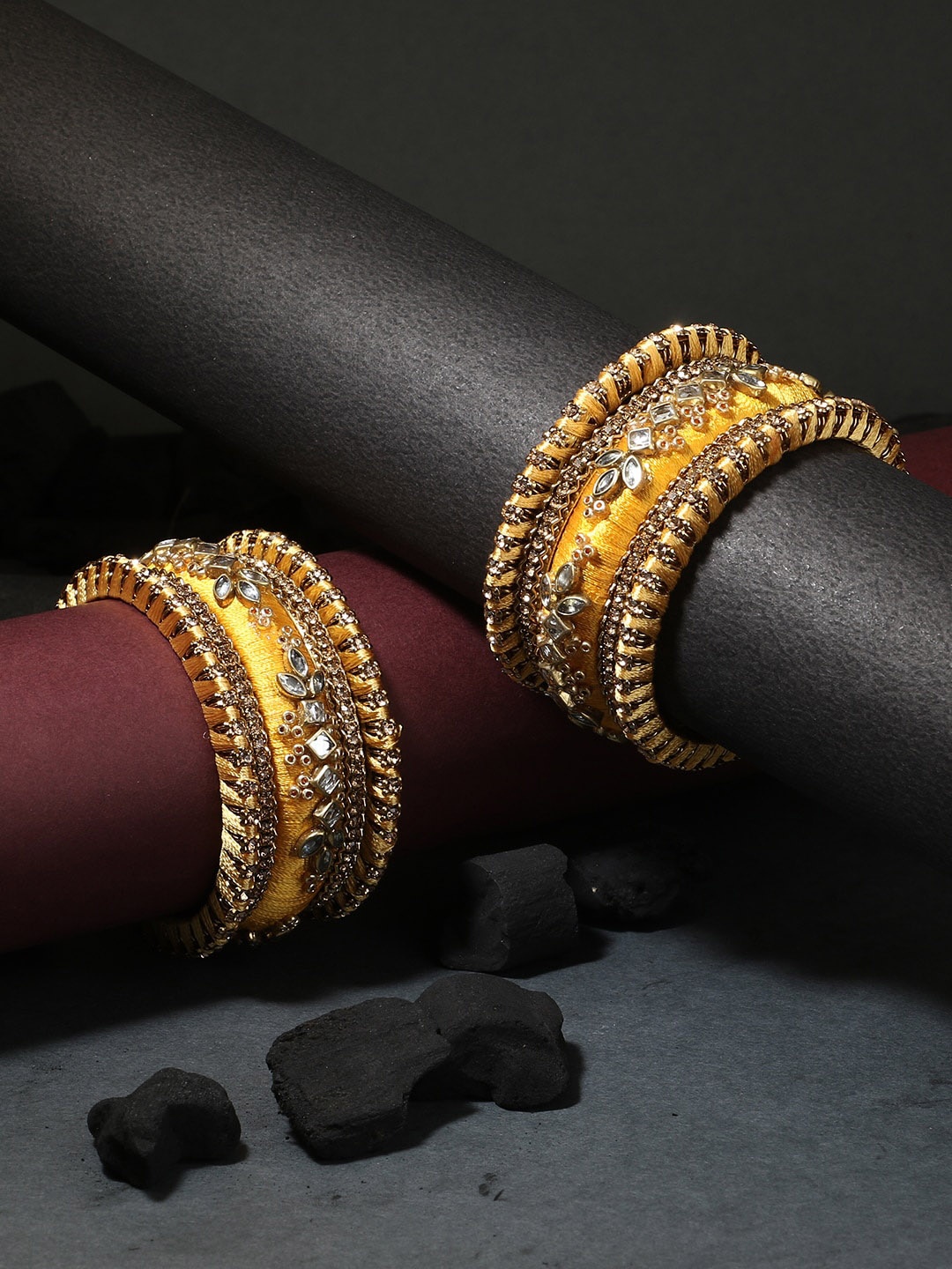 

Adwitiya Collection Set Of 10 Gold-Plated Kundan Stone-Studded Silk Thread Bangles, Yellow