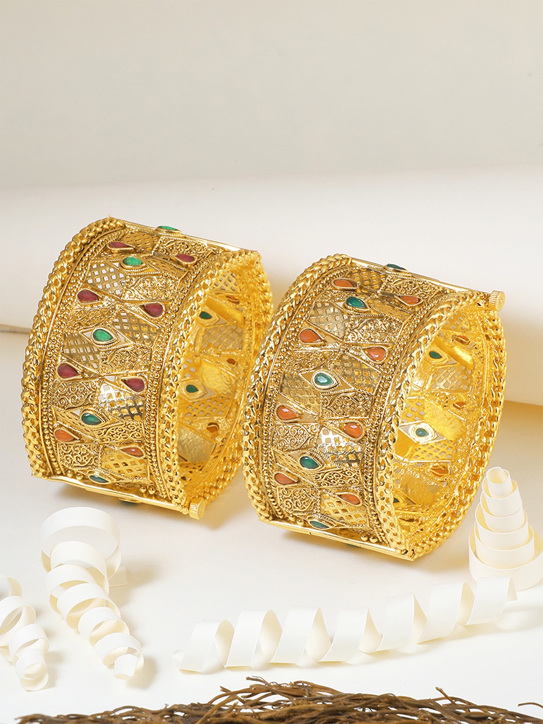 

Adwitiya Collection Set Of 2 Gold-Plated Stone Studded Openable Geometric Bangle, Green