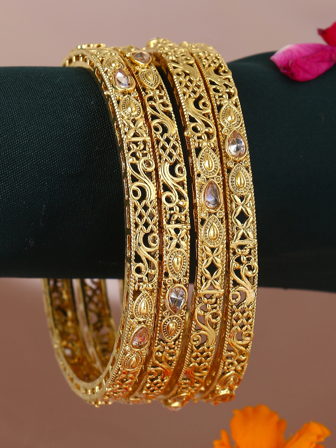 

Adwitiya Collection Set Of 4 24 CT Gold-Plated Stone-Studded Bangles