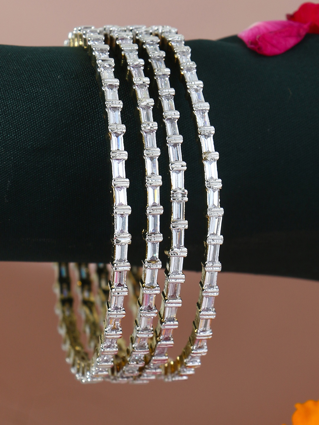 

Adwitiya Collection Set Of 4 24 CT Gold-Plated CZ-Studded Bangles, White