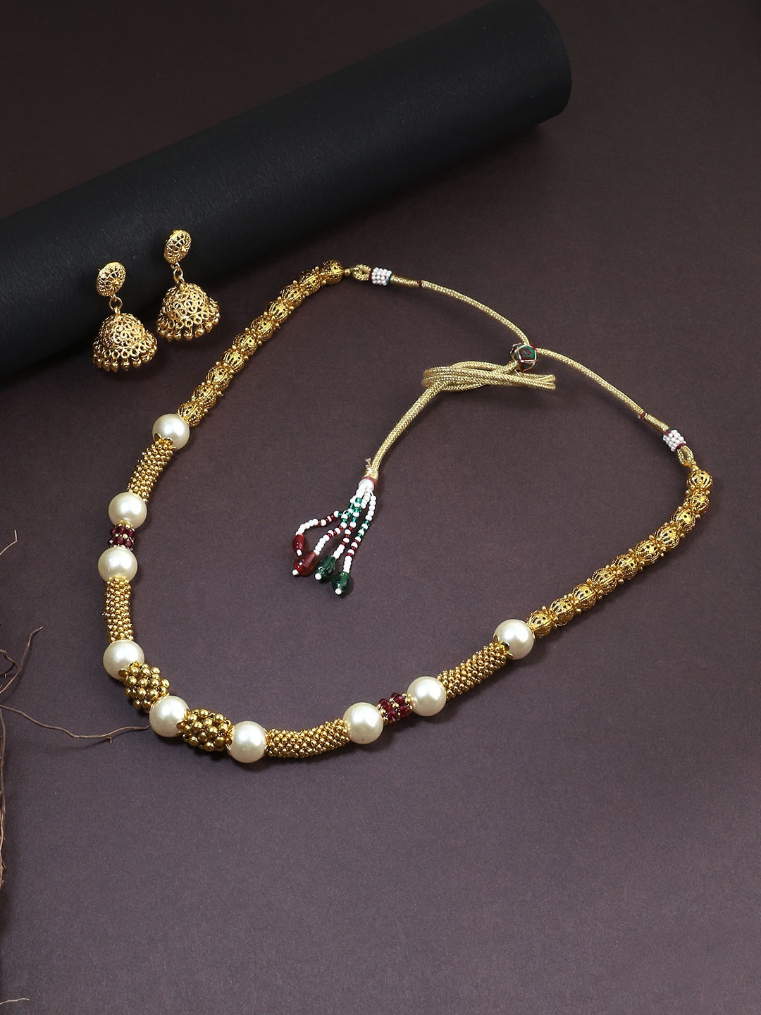 

Adwitiya Collection 24CT Gold-Plated Stone-Studded Pearl Beaded Jewellery Set