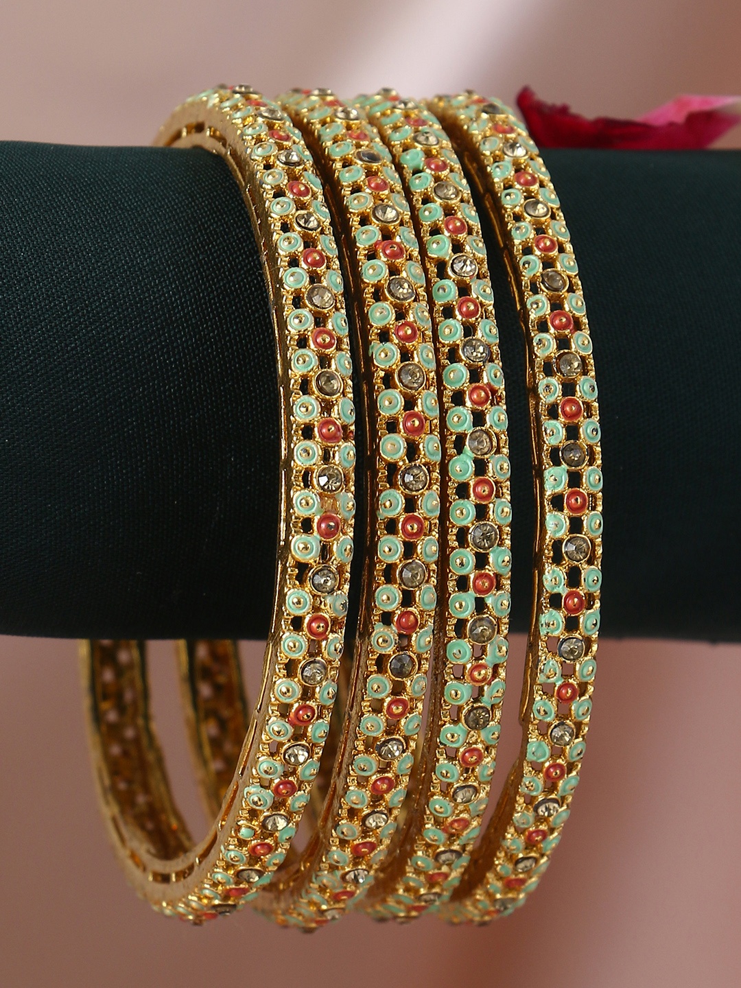 

Adwitiya Collection Set Of 4 24 CT Gold-Plated Stone-Studded Bangles, Green