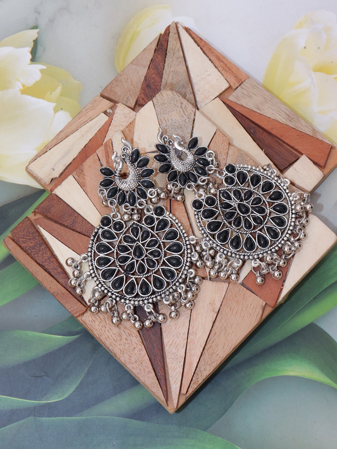 

VAGHBHATT Silver Plated Peacock Shaped Chandbalis Earrings, Black