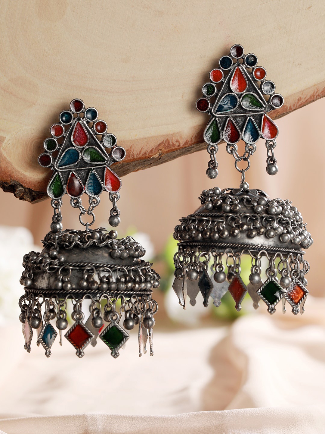

Jazz and Sizzle Silver Plated Dome Shaped Meenkari Jhumkas, Green