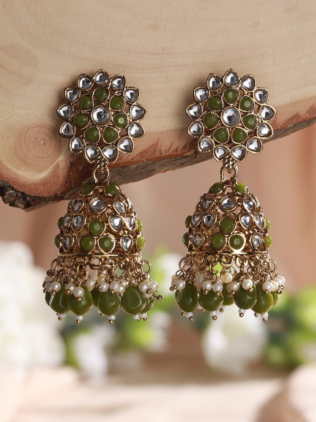 

Jazz and Sizzle Gold-Plated Dome Shaped Jhumkas Earrings, Green