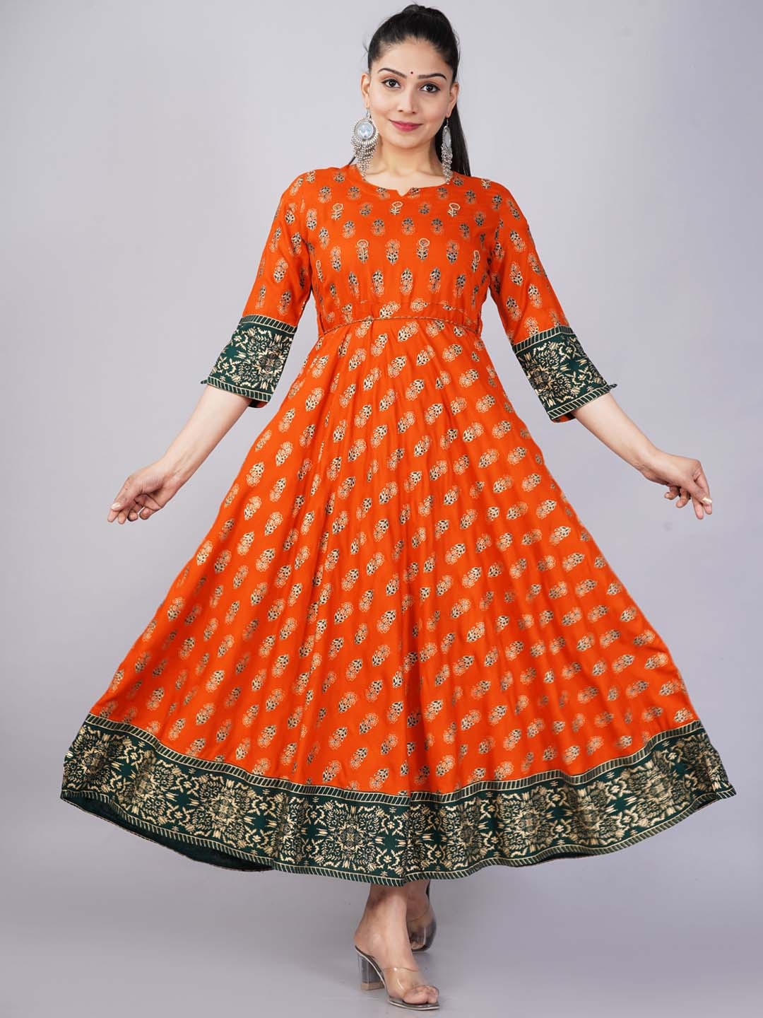 

JAIPURI COLLECTION Women Ethnic Motifs Printed Notch Neck Anarkali Kurta, Orange