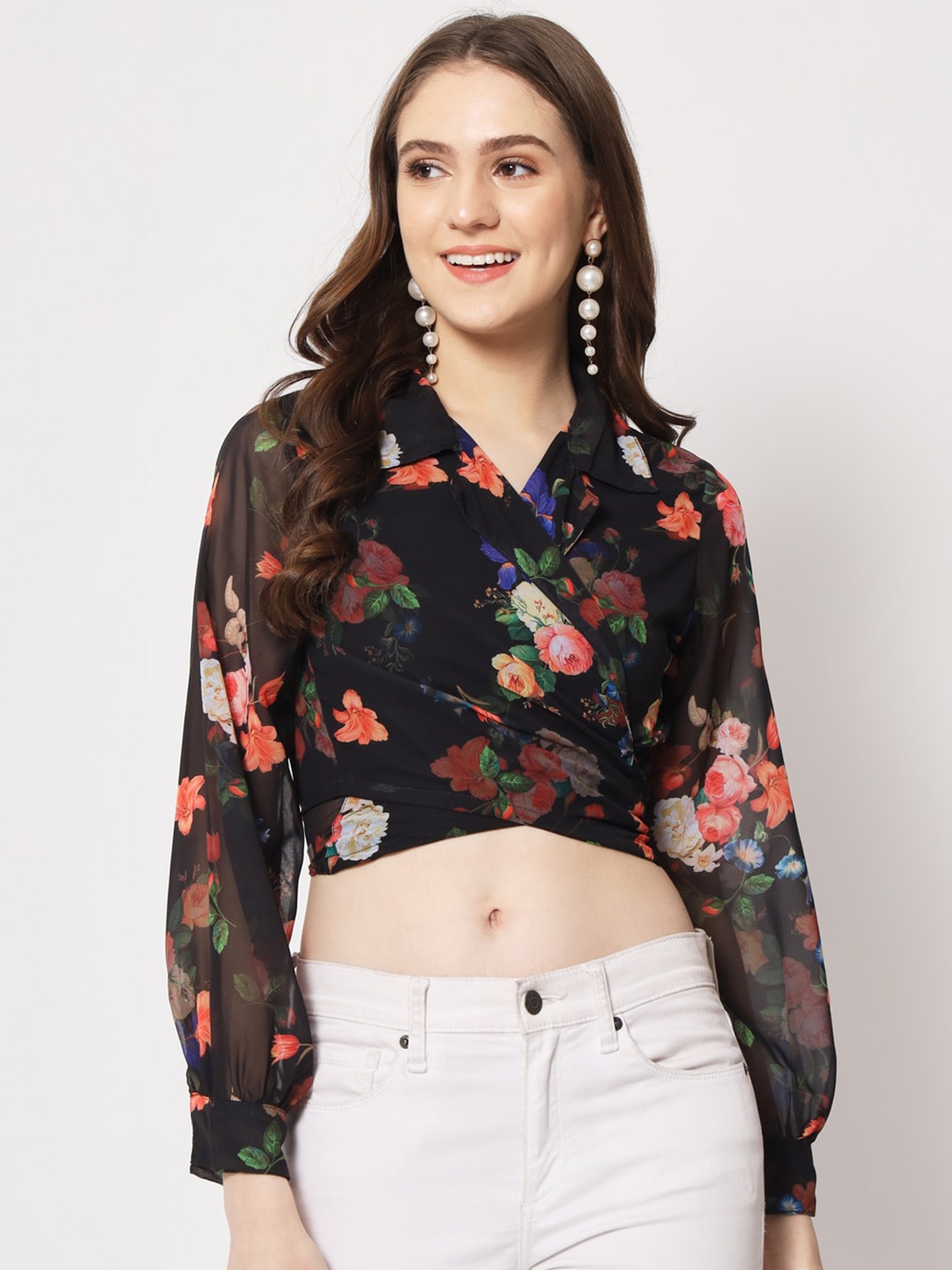 

Womenster Floral Printed Wrap Crop Top, Black