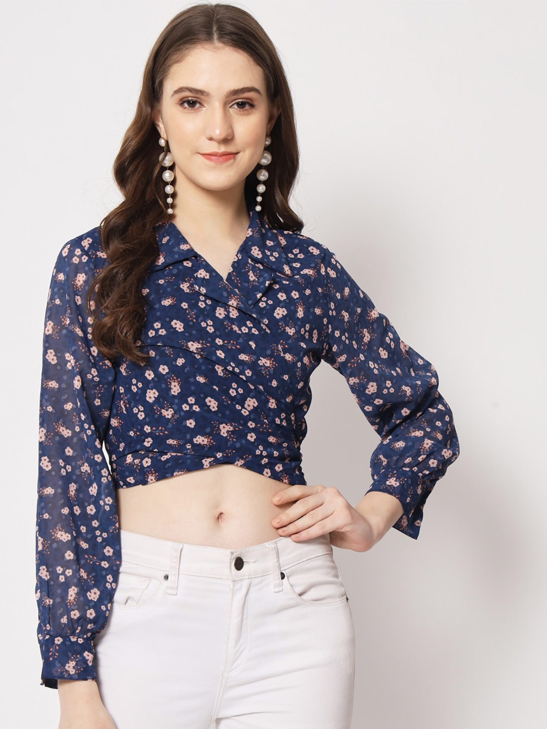 

Womenster Floral Printed Wrap Crop Top, Navy blue