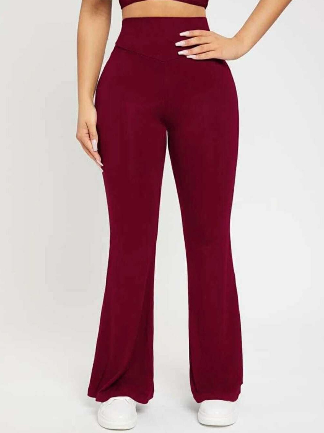 

BROADSTAR Women Relaxed Flared High-Rise Non Iron Trousers, Maroon