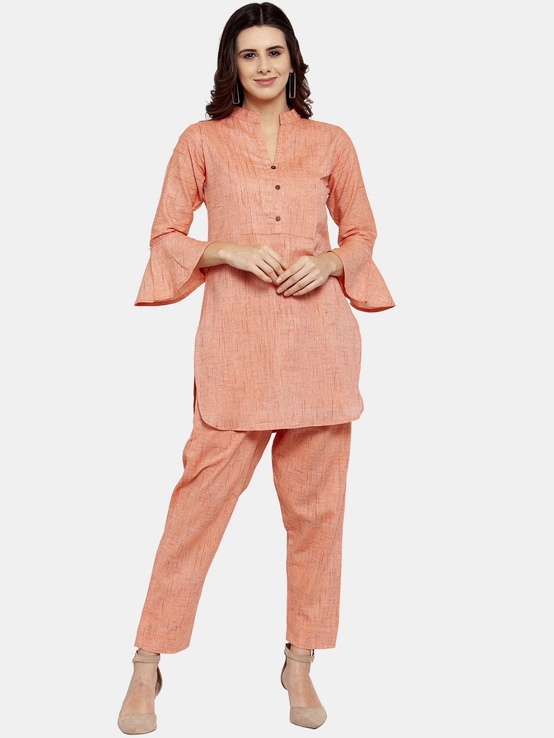 

Enchanted Drapes Women Woven Design Pure Cotton Kurti with Trousers, Pink