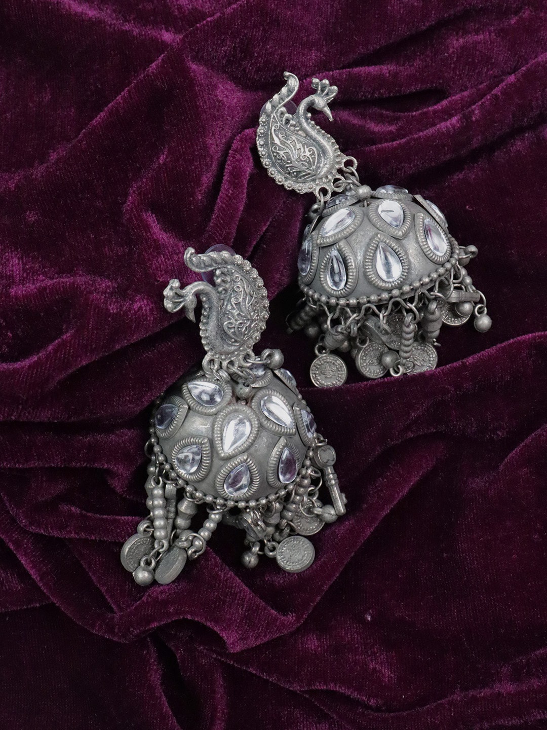 

VAGHBHATT Silver Plated Peacock Shaped Kundan Studded Jhumkas Earrings, White