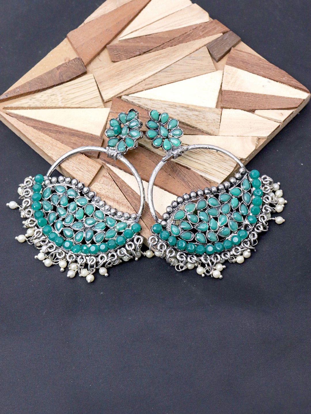 

VAGHBHATT Silver Plated Circular Chandbalis Earrings, Green