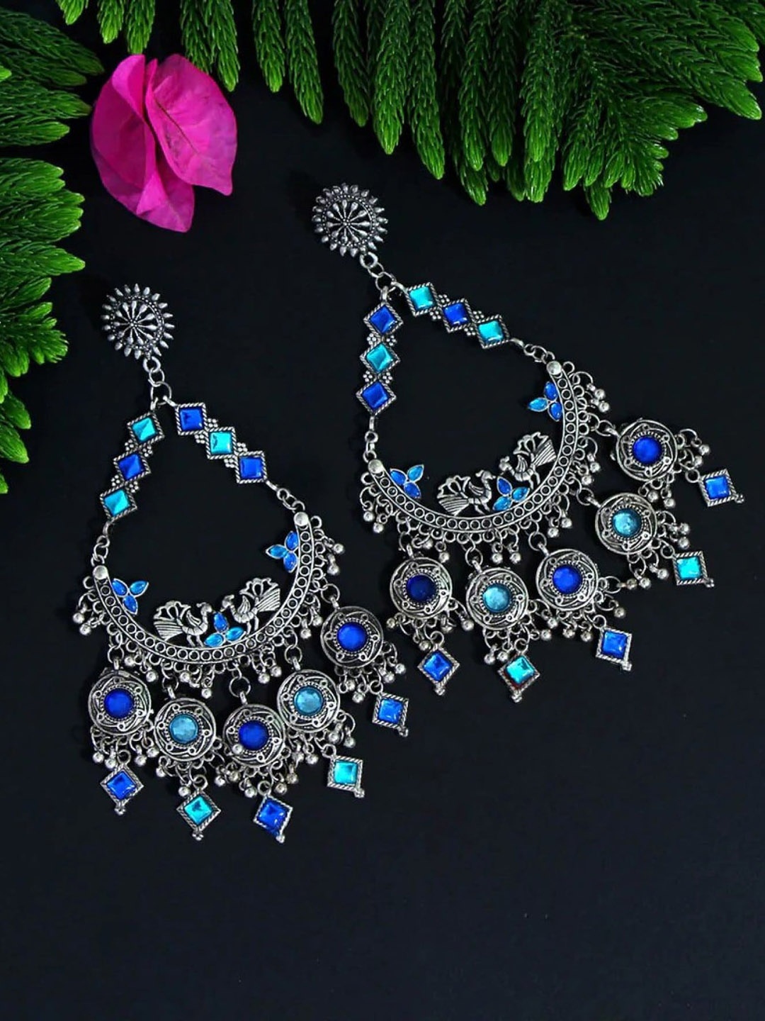 

VAGHBHATT Oxidised Teardrop Shaped Chandbalis Earrings, Blue