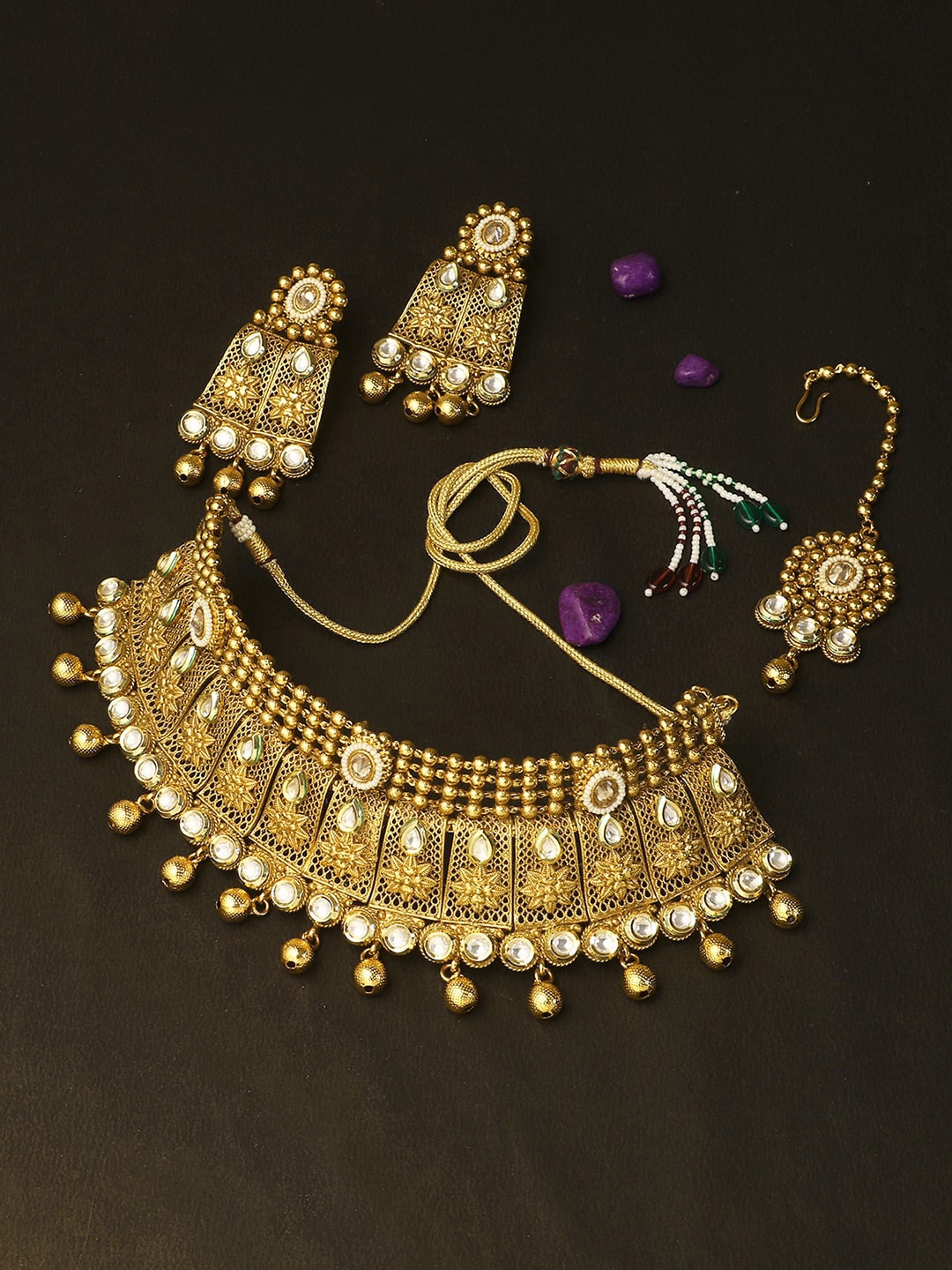 

Adwitiya Collection Gold-Plated Stone Studded & Beaded Jewellery Set