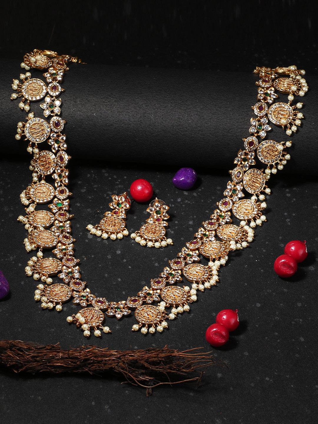

Adwitiya Collection 24CT Gold-Plated Stone Studded & Beaded Temple Jewellery Set